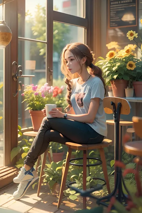 teens girl, Sit on a chair in a coffee house, flower pots, rays of sunshine, k hd,