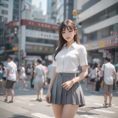 Attractive woman in white collared shirt and tight skirt in the city、Asian woman smiling at Alafe,、Young Pretty Gravure Idol, Young skinny gravure idol, Realistic Young Gravure Idol, Young Sensual Gravure Idol, Photorealistic: 1.5、japanes, drooping eyes: 1...