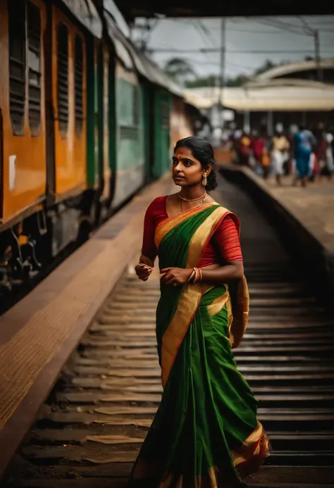 A portrait of a woman srilankan cricketer, walking on the platform of railway station at Colombo srilanka, walking beside the train, cinematic, realistic photo, very detailed