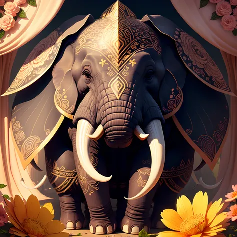 a close up of a paper cut of an elephant surrounded by flowers, digital art by Natasha Tan, trending on cg society, digital art, ganapati, ganesha, beautiful digital artwork, archan nair, colored elephant art, detailed digital 3d art, beautiful design, hig...