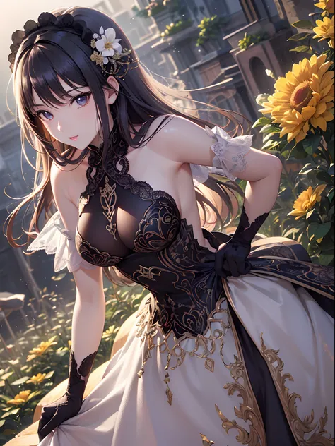 ((Finest quality)),(超A high resolution),(ultra-detailliert),(Meticulous portrayal),((Best Anime)),Art at its finest.,sharpnes,Clair, (adult  woman),(Beautiful dress with detailed and detailed,Densely designed lace,off shoulders),Evening Gloves