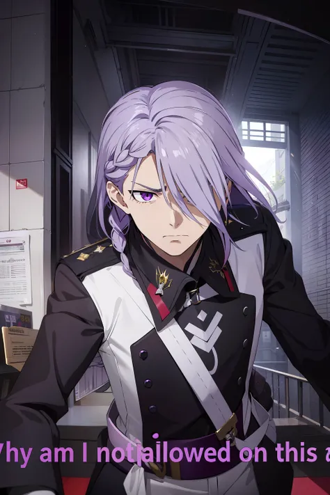 A-Dry is tall, Has sharp purple eyes、Young man with lilac-gray hair. His left eye is obscured by his hair bangs、The hair on the other side is braided from a bob. Angry face.