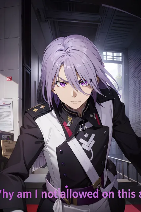 A-Dry is tall, Has sharp purple eyes、Young man with lilac-gray hair. His left eye is obscured by his hair bangs、The hair on the other side is braided from a bob. Angry face.