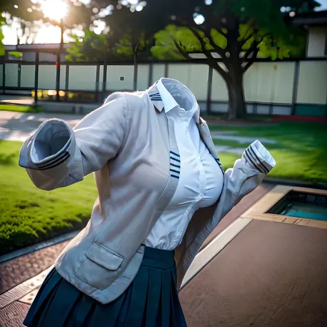 japanese school uniform, ((invisible, no humans:1.5, headless:1.5, handless, legless)), big breast, close-up to breast, from beh...