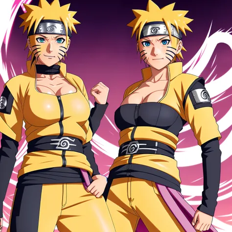 (Naruto fusion with sakura:1.1), looking to you, big breast, (yellow and pink hair color:1.1), pink ninja suit, big breast, (solo:1.2)