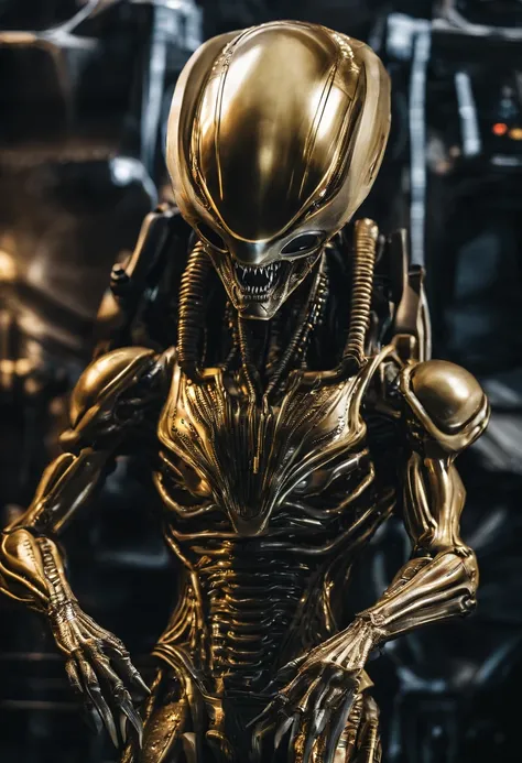 Xenomorph，golden armour，Full body photo，Sharp teeth，high - tech，Laser laser，Delicate picture