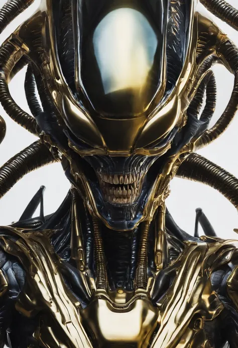 Xenomorph，golden armour，Full body photo，Sharp teeth，high - tech，Laser laser，Delicate picture