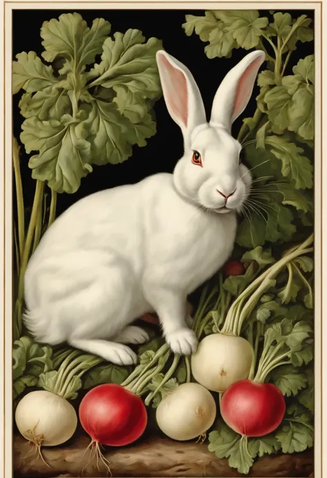 a sticker，edgBunny， white colors， white border frame，painting of a， Rabbits eat turnips， Rabbit with turnips