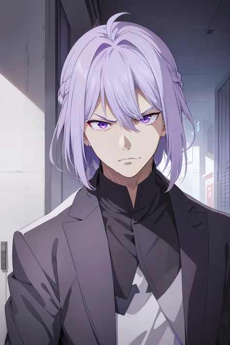 A-Dry is tall, Has sharp purple eyes、Young man with lilac-gray hair. His left eye is obscured by his hair bangs、The hair on the other side is braided from a bob. Angry face.