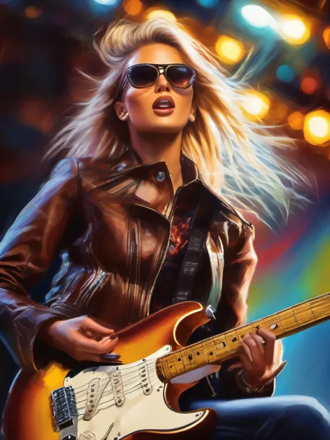 sexy blonde playing fender stratocaster,high-resolution photography,rock concert,blurred background,vibrant colors,dynamic lighting,detailed fingers,strumming guitar,expressive face,movement,stage performance,electric guitar solo,showmanship,loud music,ene...