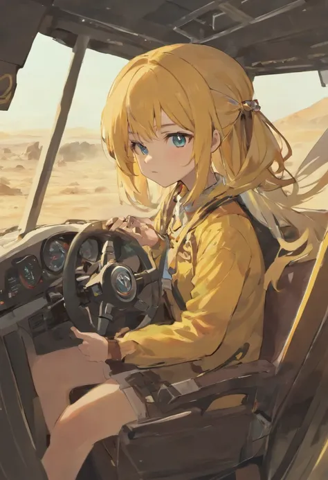 First perspective，Holding the steering wheel in his hand, driving an off-road vehicle，Came，Land of nothingness，A lifeless desert land，with ruins，gold