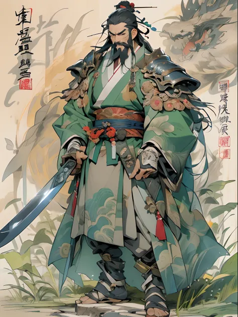 (((China-style，Ink painting method，Half-length portrait，Intense color，Han dynasty, China，Hanfu，Armor，Guan yu，Guan Yunchang，of a guy，Ruddy killing square face，Hold the Blue Dragon Moon Knife in his right hand，Stroke your beard with your left hand，Long hair，...