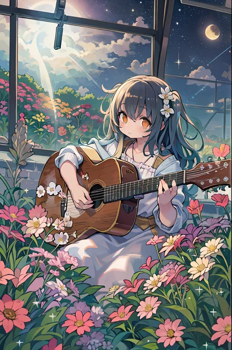 of the highest quality, high_resolution, Distinct_image, Detailed background, girl, flower, garden, Starry sky,Playing the guitar