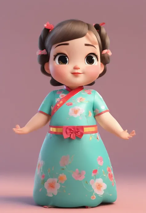 A little girl，Hold your arms，Frowning，Staring at you angrily，Pouting angrily，Floral half-sleeved cheongsam，Cute fat girl，a ball head