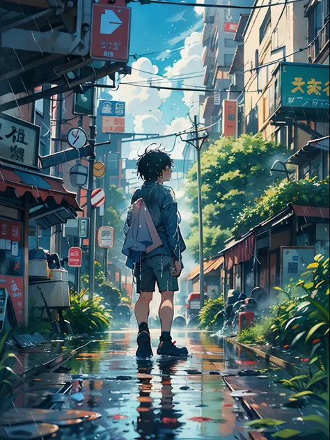 1boy,Mans ,a wet body、Anime-style protagonist、Cyberpunk Boy、The beginning of the adventure、(drenching:2)、Lots of clouds、Chaotic city of the future、ruined and devastated city、Very complex Japan buildings、railroad crossing、Trees、Blue lighting,Lots of puddles...