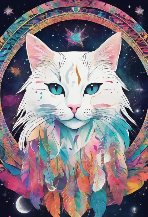 （White cat in the circle of colorful dream catchers），"T-shirt design with circular silhouette of cat face, Crescent, and stars in the