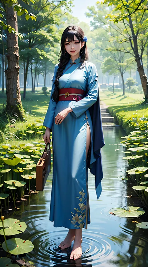 ((4k,masterpiece,best quality)), shuimobysim, traditional chinese, lotus, hanfu, maxiskit, dress conservatively 1girl, solo, long blue hair, smile, standing, feet in the water, barefoot,