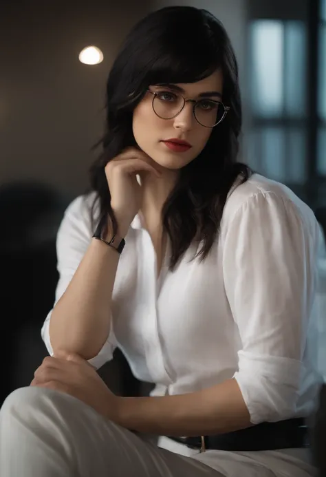 A 19 year old girl with a medium long flowy black hair with bangs cover both ears, and part of both cheeks like leon kennedy, with medium unshaven beard, white reddish skin looks like milk, grey piercing eyes with strong striking  gaze, wear glasses, tende...