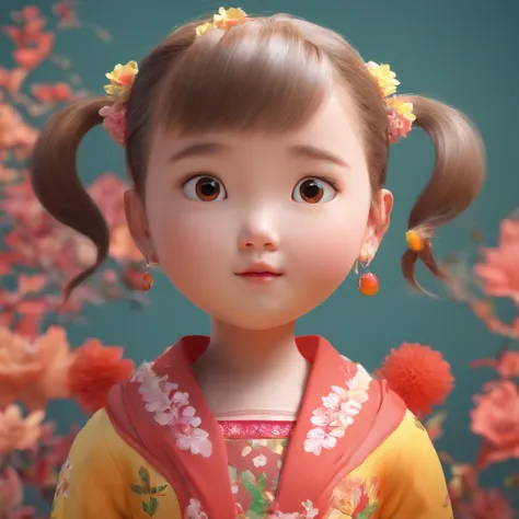 A little girl，Hold your arms，Hold your arms，Hold your arms，despised，disdain，Frowning，Glaring angrily at the camera，Pouting angrily，Floral half-sleeved cheongsam，A ball head