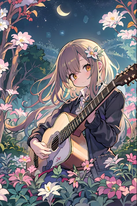 of the highest quality, high_resolution, Distinct_image, Detailed background, girl, flower, garden, Starry sky,Playing the guitar