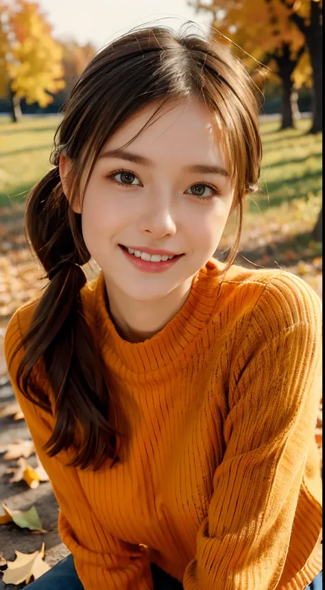 1 pretty girl，white skinned，brown  hair，looking at viewer, beautiful medium chest, Russia, pony tail, authentic happy smile, kneeling, autumn vibe, magical evening amber light, wearing orange sweater, wearing orange clothes