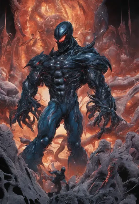 Venom possesses Superman，Full body photo，Liquid armor，high - tech，Laser laser，Delicate picture