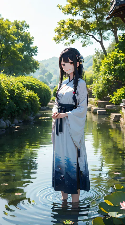 ((4k,masterpiece,best quality)), shuimobysim, traditional chinese, lotus, hanfu, maxiskit, dress conservatively 1girl, solo, long blue hair, smile, standing, feet in the water, barefoot,