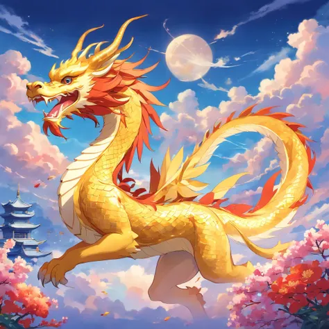 Cute golden Chinese dragon in the sky, Cloud, Sun, Wind, Lunar New Year, spring flowers, Red lantern, colorfull background, Highest quality, Full-HD, Happy Dragon, 2023, 。.。.3D, (paper art, Quilted paper art, Geometry), Extremely colorful, Anime beauty, Ex...