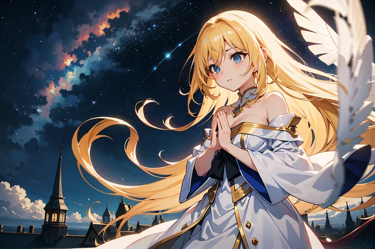 in 8K、top-quality、​masterpiece、ultra-detailliert、Ultra-high resolution、(((Anime style)))、1 woman、robe blanche、a blond、Night sky on background、milkyway、Pray、closing eye、Put your hands together