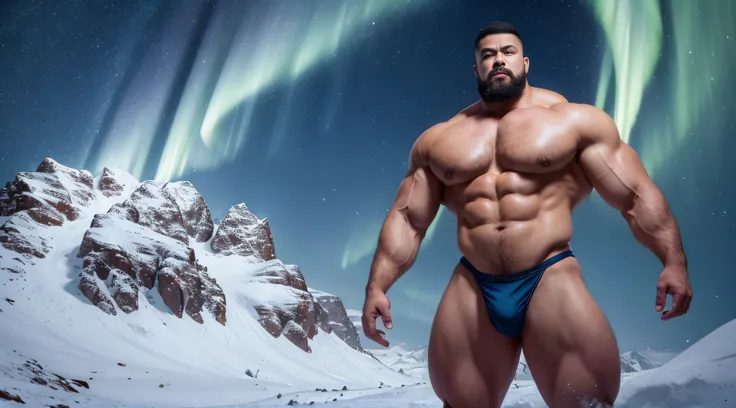 (Extremely detailed 8k wallpaper), A strong Chinese man in a white thong stands alone on a snowy mountain，There are beautiful auroras，High detail, short detailed hair，Short beard perfect figure with tattoos, Very huge and strong body, Bulging muscles, musc...