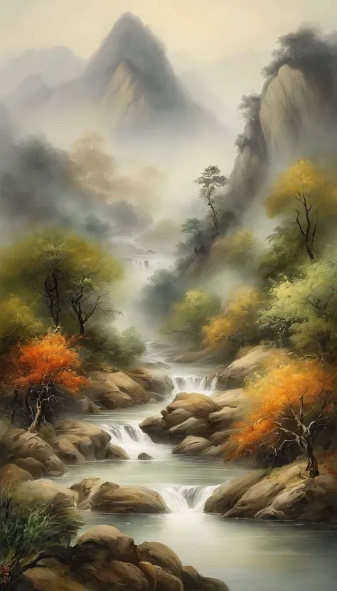 Chinese landscape painting，ink and watercolor painting，water ink，ink，Smudge，Faraway view，Ultra-wide viewing angle，Meticulous，Five cow diagram，Five scalpers，River side，Small Stone Bridge，grassy fields，The tree，The vista is a mountain，（8k wallpaper），（light a...