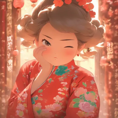 A little girl，Hold your arms，Frowning，Staring at you angrily，Pouting angrily，Floral half-sleeved cheongsam，Cute fat girl，a ball head