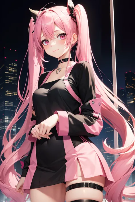 full body Esbian, masutepiece: 1.2, Highest Quality), (Live-action, elaborate details), (1 Lady, Solo, Upper body,) Clothing: Edgy, Black long jumper, pink miniskirt, long hair with pink twin tails,,,,,,,,,、Avant-garde, Experimental appearance: Long pink t...