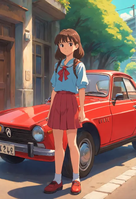 Teen schoolgirl standing next to a red car, 80s era