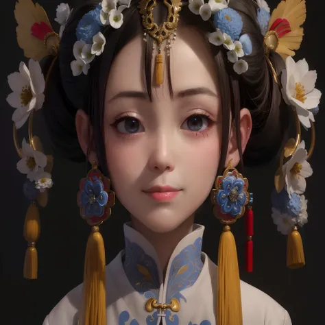 Lovely people，Dressed in traditional Chinese costumes，Man combined with cyan official kiln，The facial expression is pitiful，There are a lot of bangs，Accessories and clothing are mainly turquoise，The face is a little dirty，Without smiling，The characters are...