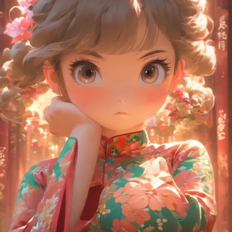 A little girl，Hold your arms，Frowning，Staring at you angrily，Pouting angrily，Floral half-sleeved cheongsam，Cute fat girl，A ball head