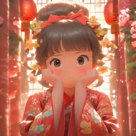 A little girl，Hold your arms，Frowning，Staring at you angrily，Pouting angrily，Floral half-sleeved cheongsam，Cute fat girl，A ball head