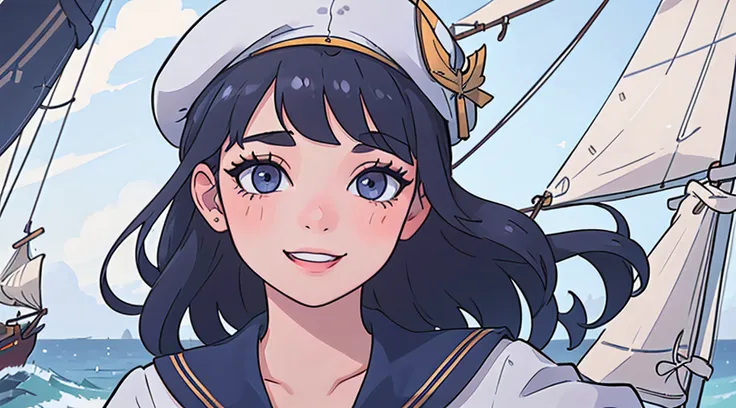 (realistic,ultra-detailed,best quality:1.2),1 girl, upper body, sailor, beautiful detailed eyes, beautiful detailed lips, long eyelashes, wearing sailor uniform, sailor hat, smiling to viewer, sail boat, professional, vivid colors, sharp focus,HDR,studio l...