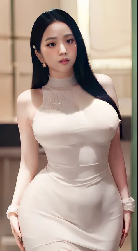 (NSFW,highres:1.2),1 girl,perfect body shape, slim waist, curvy hourglass figure, full body picture, skinny waist and thick hips,full body view,big boobs,wearing tight dress,beautiful detailed eyes,long eyelashes,natural makeup,soft smile,she has a jiggly ...