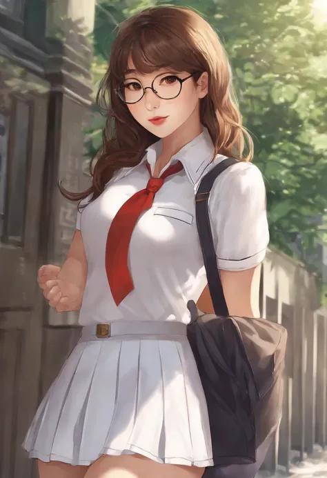 Korean girl, school uniform, tight skirt, tight shirt, glasses, manhwa girl, large breasts