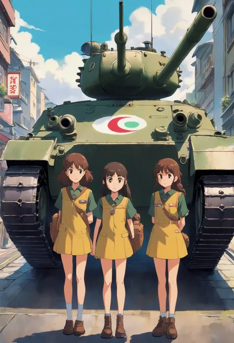 3 teen girls wearing army uniform standing next to a tank, 70s era, town centre, dramatic weather