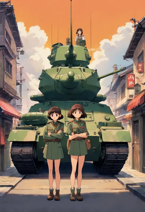 3 teen girls wearing army uniform standing next to a tank, 70s era, town centre, dramatic weather