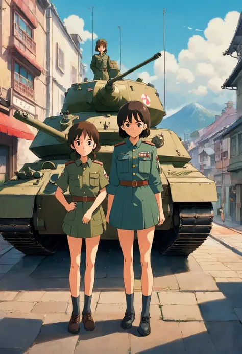 3 teen girls wearing army uniform standing next to a tank, 70s era, town centre, dramatic weather