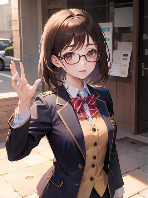 1人の女性、brown haired(Curta)、Brown eyes、Black-rimmed glasses、 Best Quality、ultra-detailliert、8K resolution、Raw photo、masutepiece、gorgeous faces、Perfect body、schools、Blazer Uniform