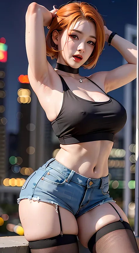 (8k, masterpiece, ultra-Highres, ultra-detailed:1.2), 1girl, (posing), slightly open mouth, 23 years old, (busty), (narrow waist), (both hands behind her own head:1.2), (night cityscape), (blurry background), (navel), (sleeveless black cotton tank-top), (b...