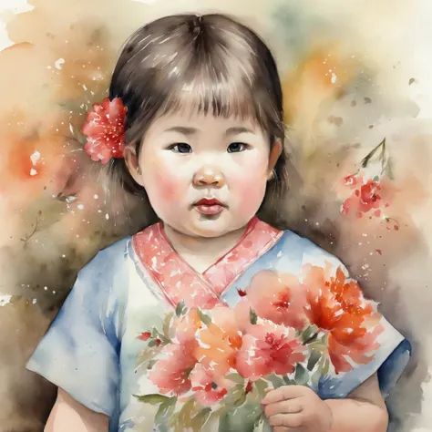 A little girl，Hold your arms，Frowning，Staring at you angrily，Pouting angrily，Floral half-sleeved cheongsam，Cute fat girl，A ball head