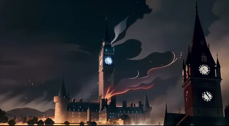 arafed view of a castle with a clock tower in the middle of it, movie screen shot, teaser, mid-shot, mid - shot, nighttime foreground, howls moving castle at night, opening shot, gandalf attacks the white house, by Thomas Dalziel, screen shot, in this omin...