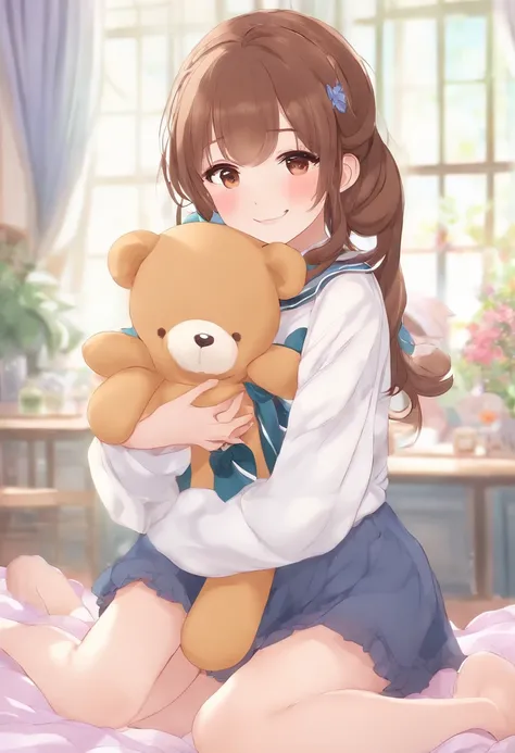 、slender、Brown hair、Hair is tied in a bun、School Girl、school classrooms、Light colored lipstick、A smile、School Idol、Korean style bangs、s Pajamas、Holding a big stuffed animal