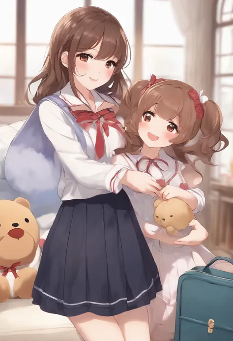 、slender、Brown hair、Hair is tied in a bun、School Girl、school classrooms、Light colored lipstick、A smile、School Idol、Korean style bangs、s Pajamas、Holding a big stuffed animal