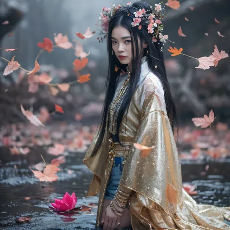 32K（tmasterpiece，k hd，hyper HD，32K）Long flowing black hair，ponds，zydink， a color， Aozhou people （Concubine girl）， （Silk scarf）， Combat posture， looking at the ground， long whitr hair， Floating hair， Carp pattern headdress， Chinese long-sleeved clothing， （A...